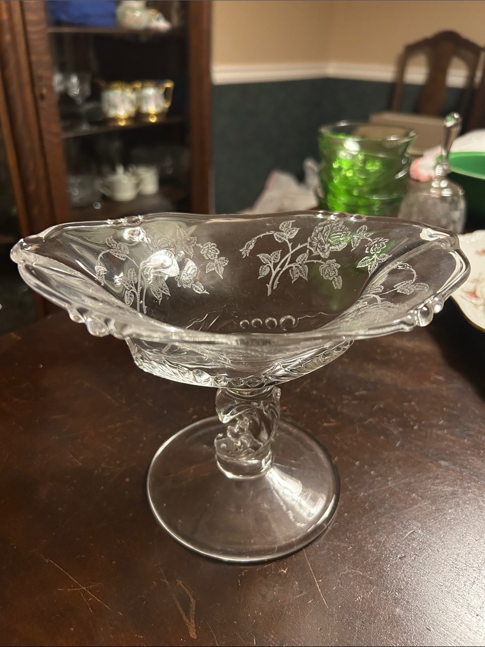 Heisey Rose oval Etched Glass Pedestal Compote Bowl - Clear